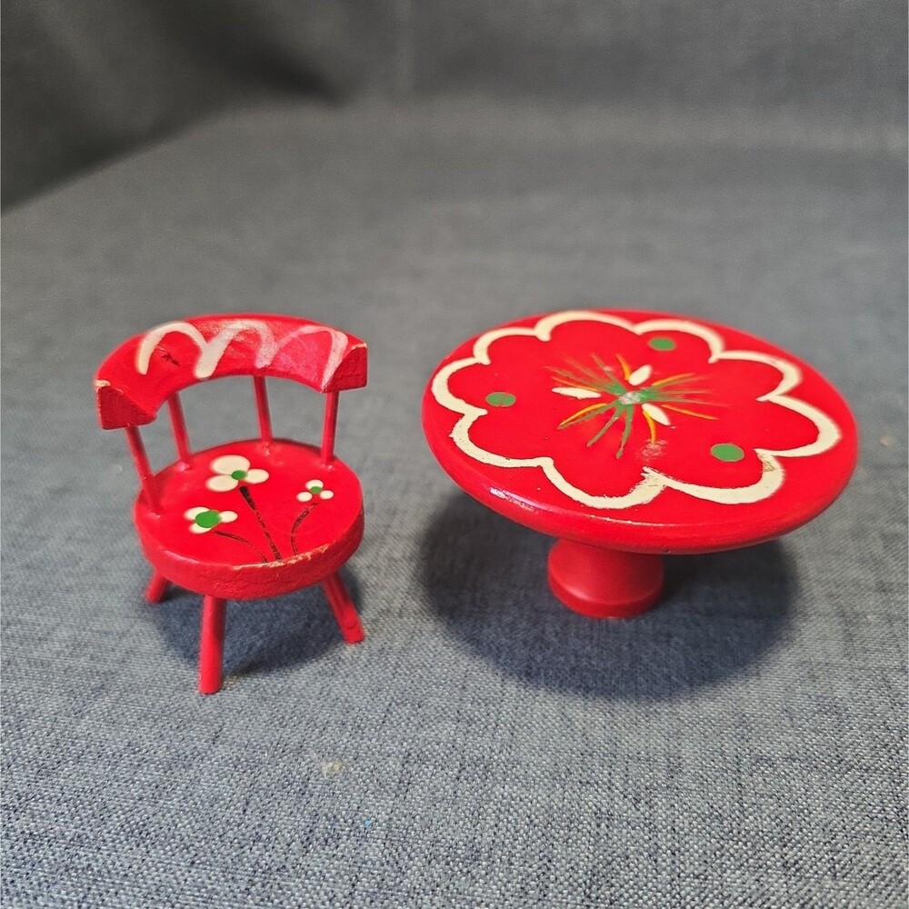 1970's Dollhouse Folk Painted Table and One Matching Red Chair Swedish Norway